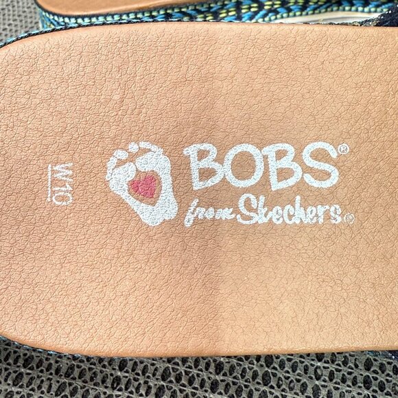 BOBS By Skechers Womens size 10 Navy Blue Wedge Flip-Flops Patterned Edge Soles - Picture 4 of 7